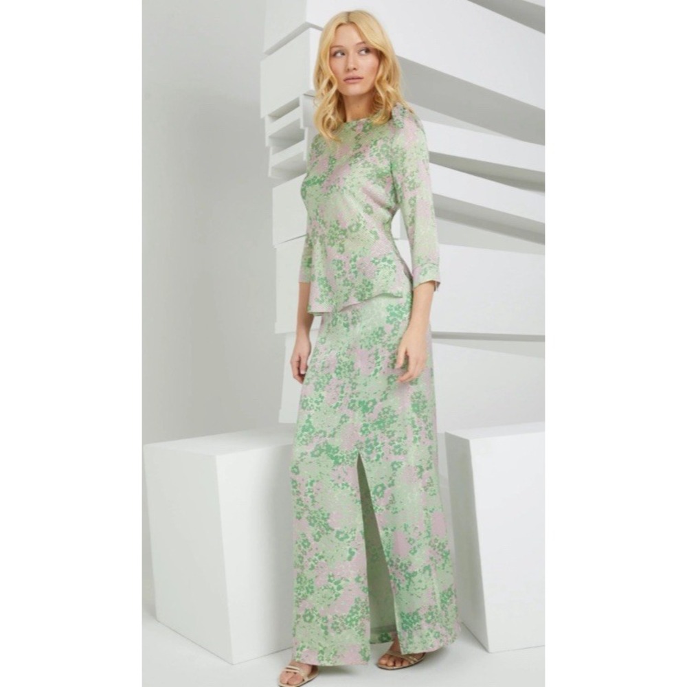 Etcetera Forget-Me-Not Silk Green Pink Floral Gold Striped Maxi Skirt  Womens 14